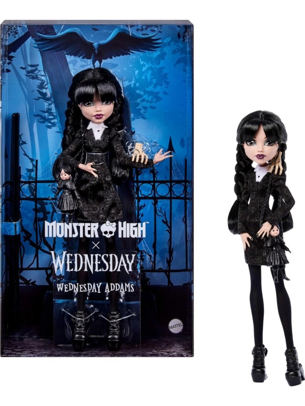 Collectible Wednesday Addams Doll in Black Dress with Accessories & Stockings
